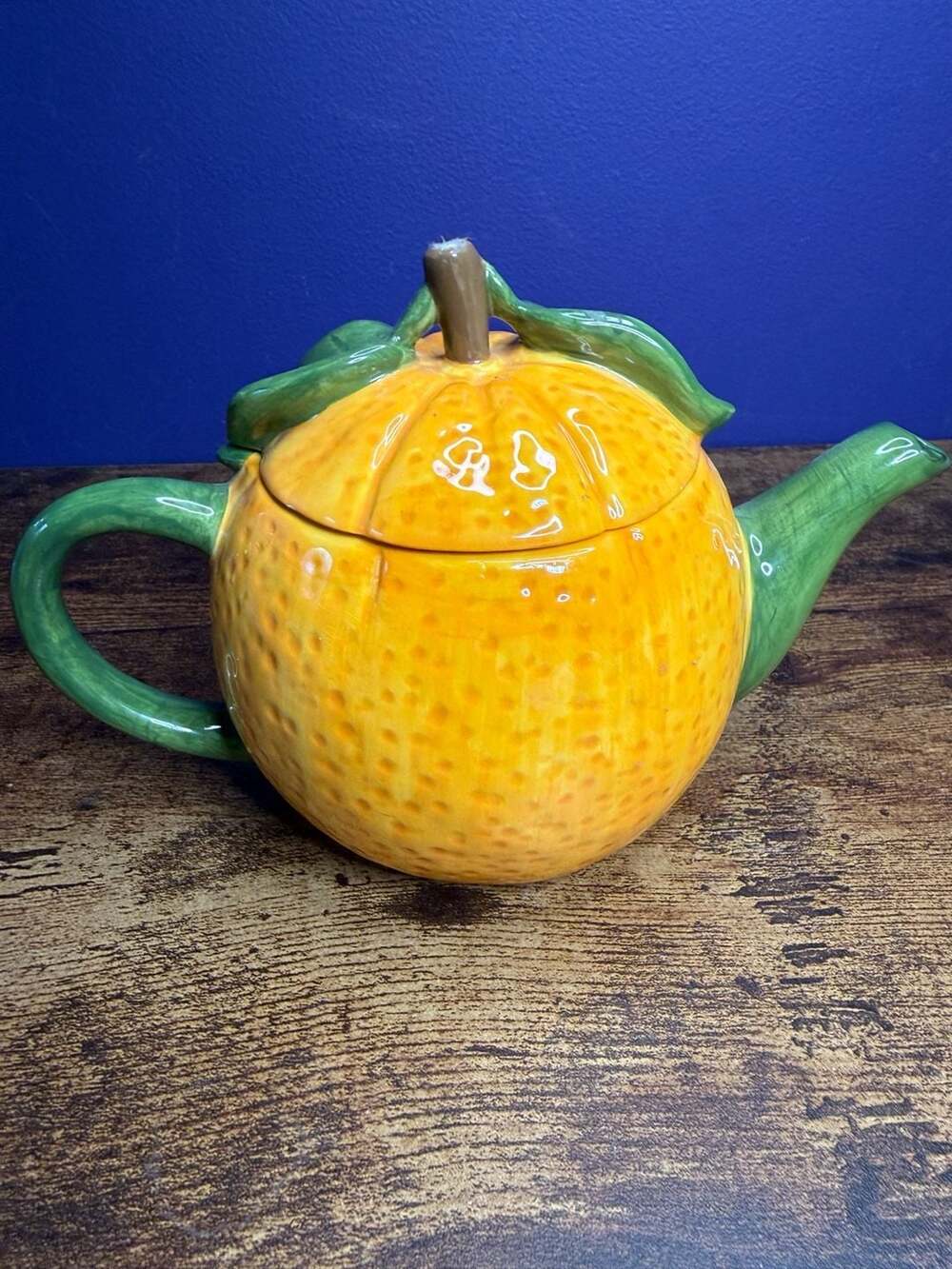 Ceramic Orange Fruit Teapot Hand Painted Yellow and Green Citrus